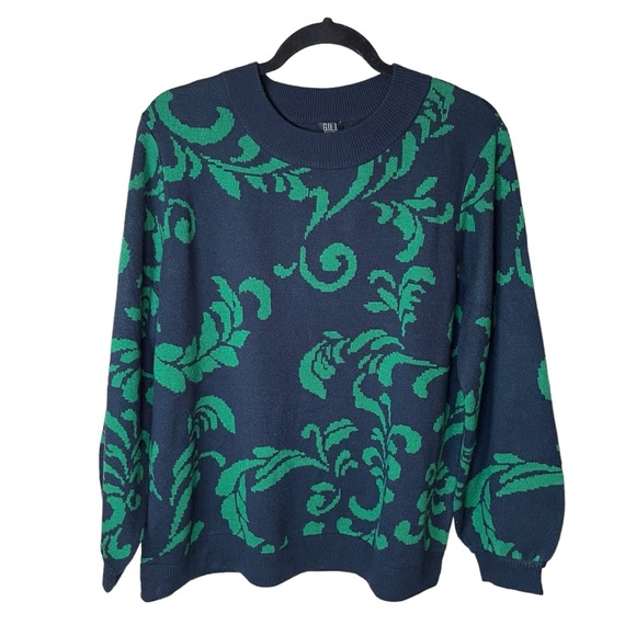 G.I.L.I.‎ Got It Love It Navy Green Paisley Sweater Size Medium Balloon Sleeve - Picture 1 of 5